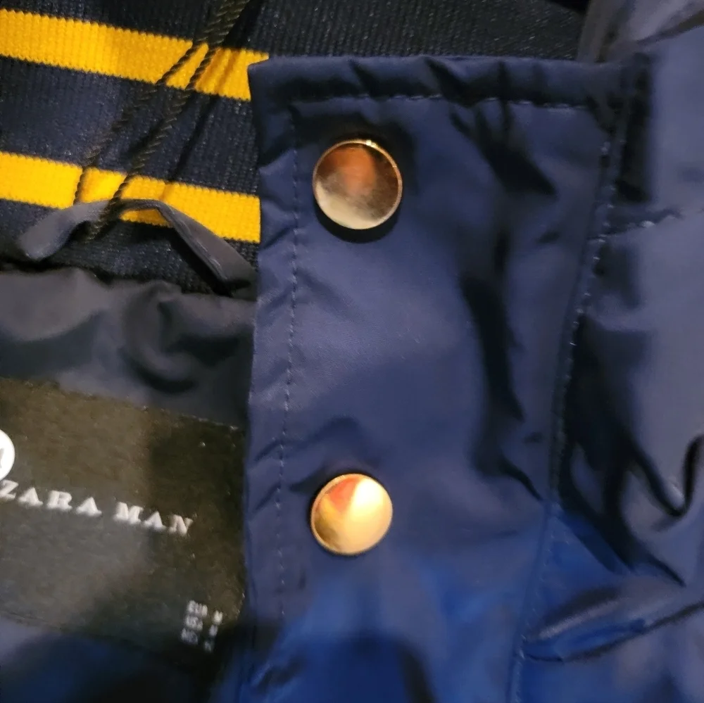 Zara Man Hooded Varsity Stripe Inside Navy Blue Bomber Jacket Size Medium - Picture 3 of 12